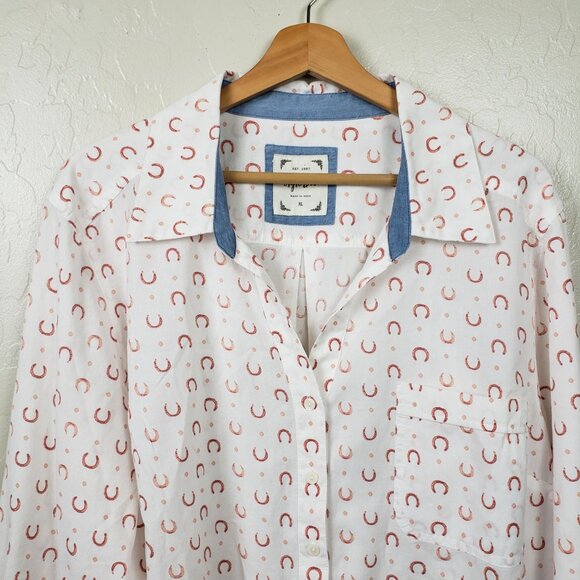 Style & Co Horseshoe Print Cotton Button Up Top White Size XL Equestrian Western - Picture 3 of 12